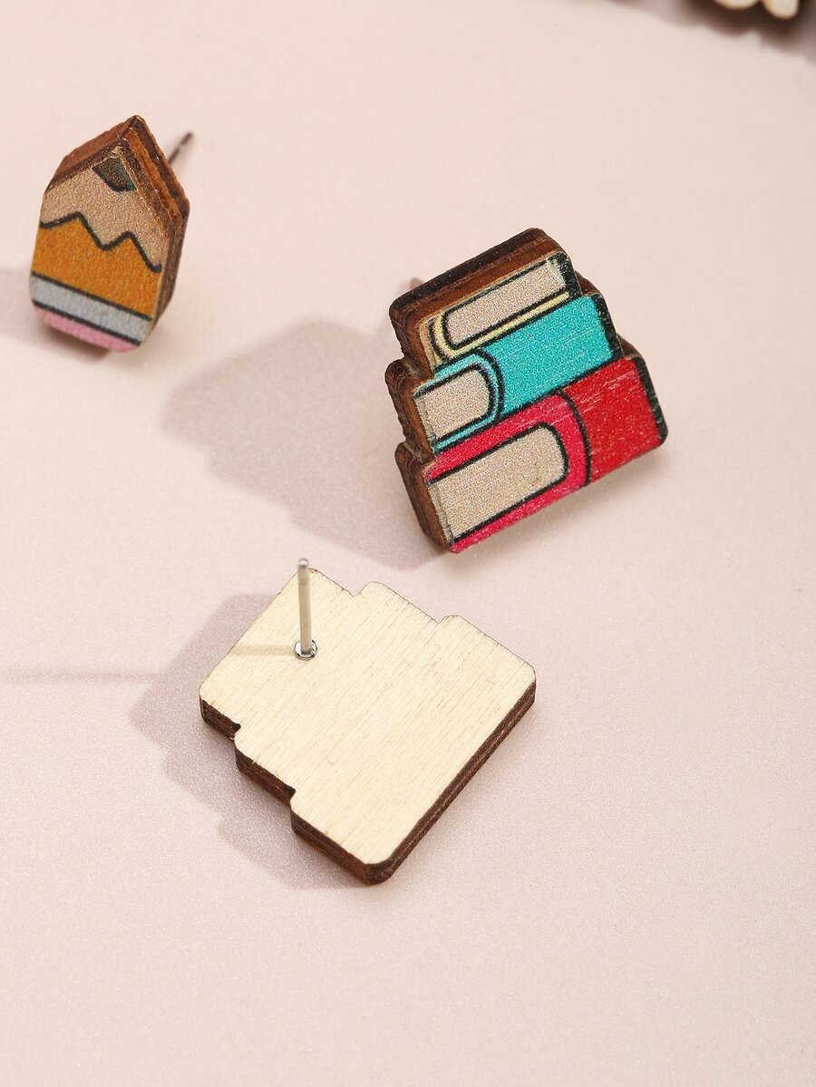 4pairs/set Apple & Pencil Design Stud Earrings SHEIN ASIA