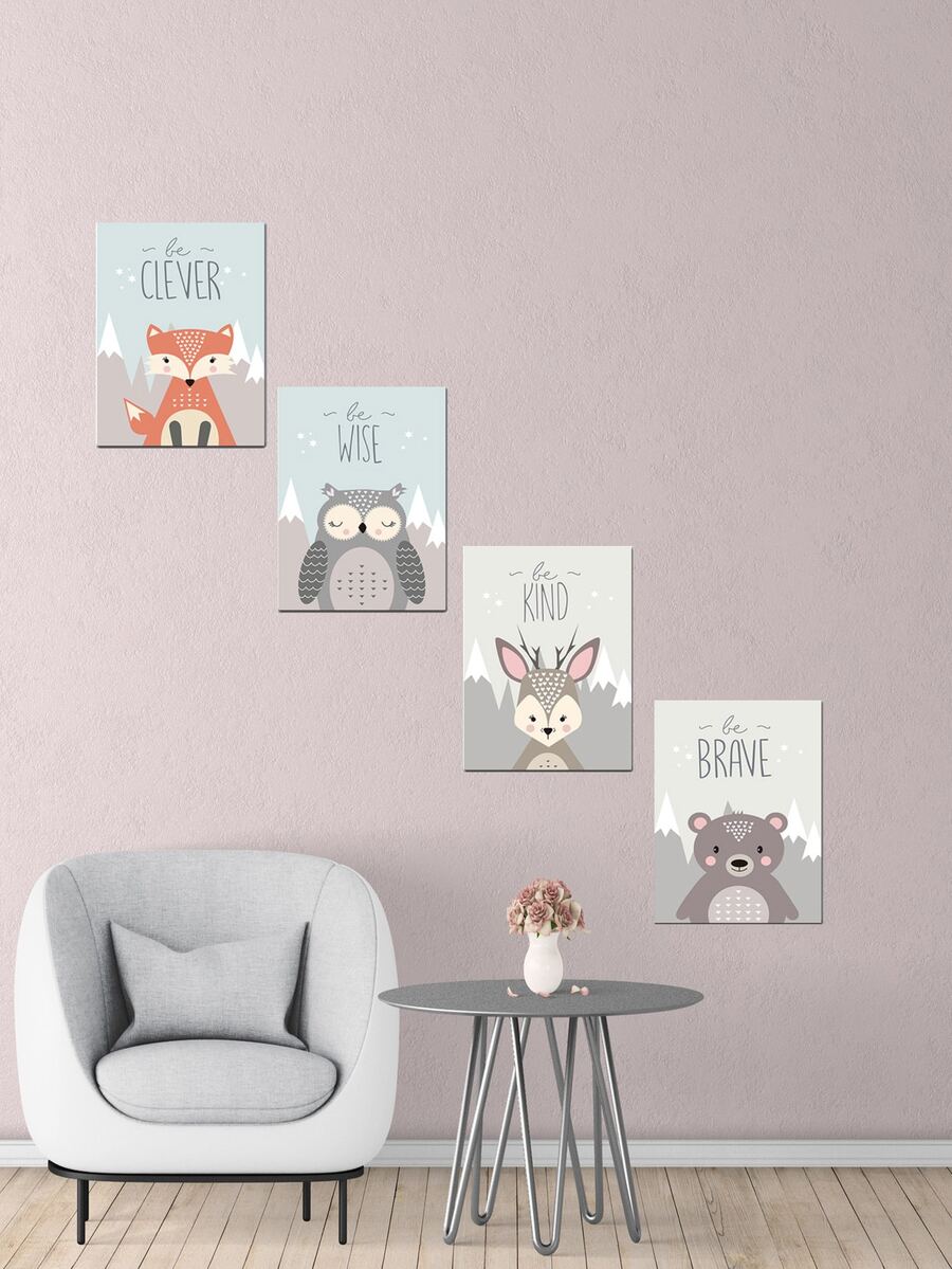 4 Cái/bộ Polyester Có Khung Tranh Hoạt Hình Hoa Văn Hình Thú Treo Tường Tranh Nghệ Thuật Cho Trang Trí Tường Nhà - Nhiều màu - Xem 1