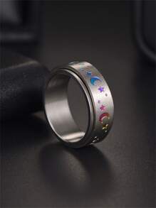 Những người đàn ông thời trang và phổ biến Nhẫn chi tiết ngôi sao và mặt trăng bằng thép không gỉ để làm quà tặng trang sức và cho vẻ ngoài sành điệu - Bạc - Xem 3