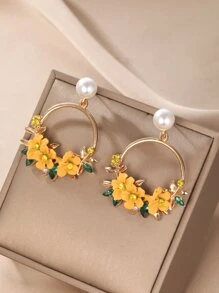 Hoa tai tròn đính đá Rhinestone & hoa trang trí Valentine - Màu vàng - Xem 1