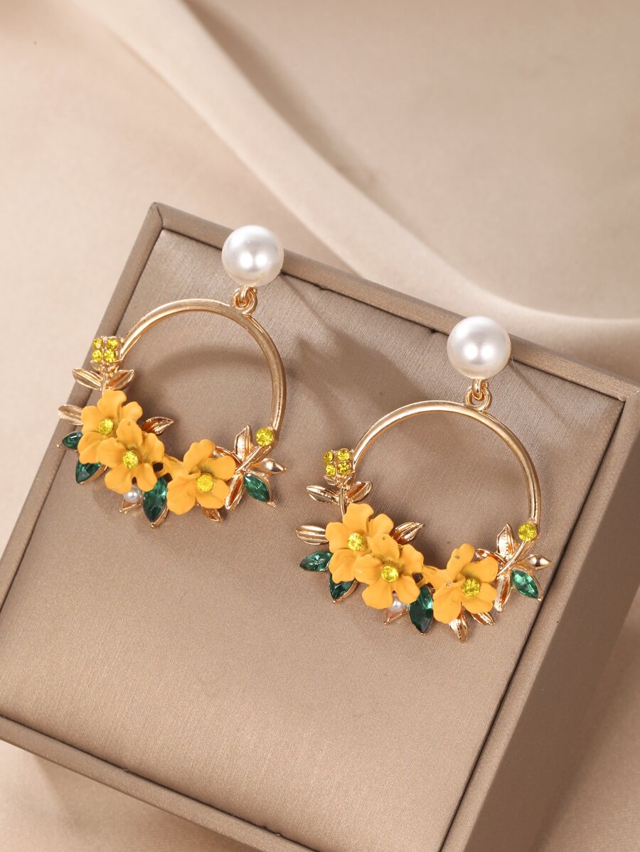 Hoa tai tròn đính đá Rhinestone & hoa trang trí Valentine - Màu vàng - Xem 1