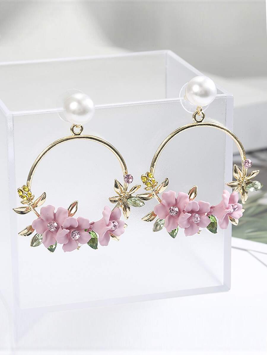 Rhinestone & Flower Decor Circle Drop Earrings Valentines - Pink - View 1