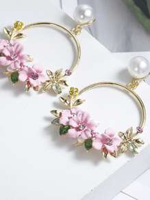Rhinestone & Flower Decor Circle Drop Earrings Valentines - Pink - View 2