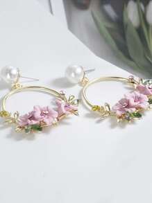 Rhinestone & Flower Decor Circle Drop Earrings Valentines - Pink - View 3
