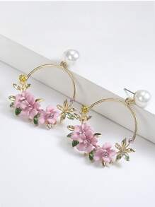 Rhinestone & Flower Decor Circle Drop Earrings Valentines - Pink - View 4