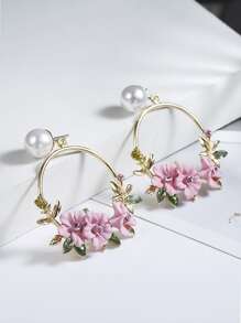 Rhinestone & Flower Decor Circle Drop Earrings Valentines - Pink - View 5
