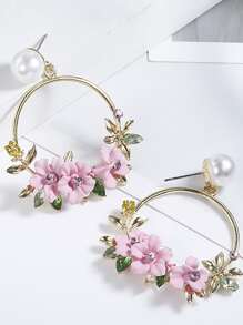 Rhinestone & Flower Decor Circle Drop Earrings Valentines - Pink - View 6