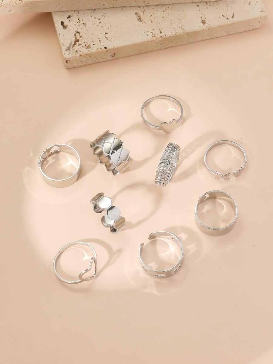 9 cái/bộ Nhẫn Trang Trí Trái Tim & Hoa - Bạc - Xem 1