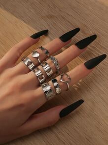 9 cái/bộ Nhẫn Trang Trí Trái Tim & Hoa - Bạc - Xem 2