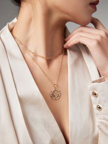 Nooxian 2pcs Cubic Zirconia Decor Round Charm Necklace - Yellow Gold - View 1