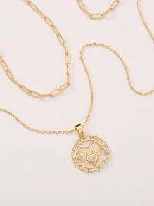 Nooxian 2pcs Cubic Zirconia Decor Round Charm Necklace - Yellow Gold - View 2