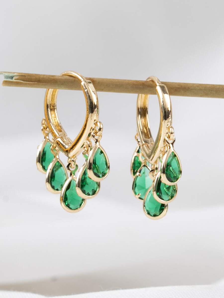 1 Pair Fashionable High-End Luxury Sparkling Elegant Sweet Versatile High-Quality Gold, Silver, Pink, Colorful, Peach, White Water Drop, Heart, Flower, Round Zirconia Hoop Earrings, Suitable For Women's Daily Wear, Weddings, Galas, Parties, Gifts For Friends - Green - View 1