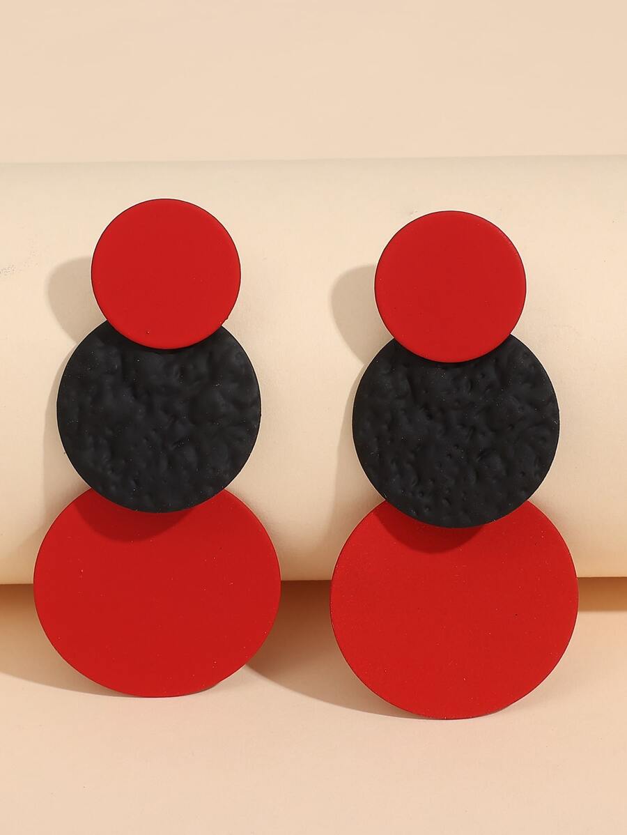 Textured Round Drop Earrings - Red - View 1