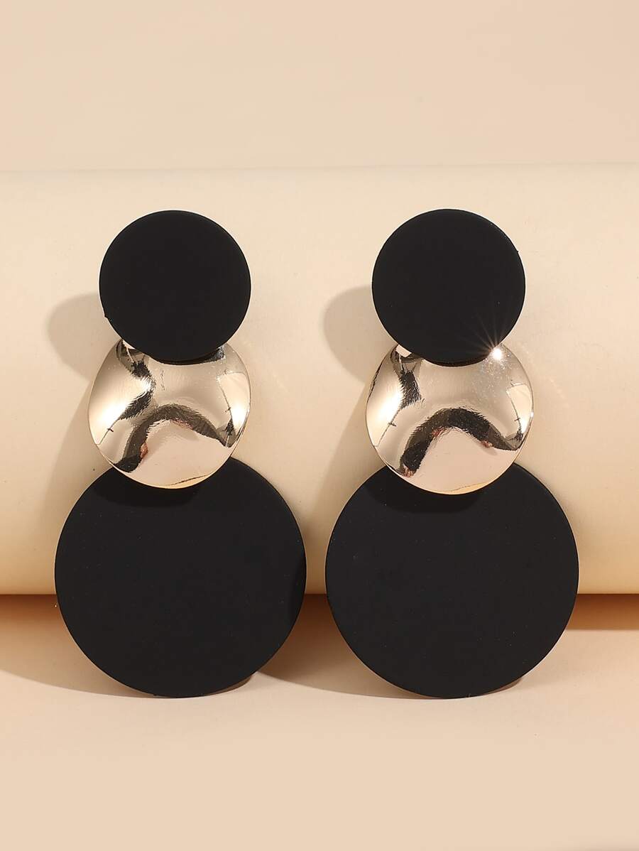 Asymmetric Round Drop Earrings - Black - View 1