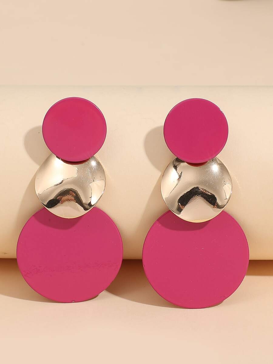 Two Tone Round Drop Earrings - Hot Pink - View 1
