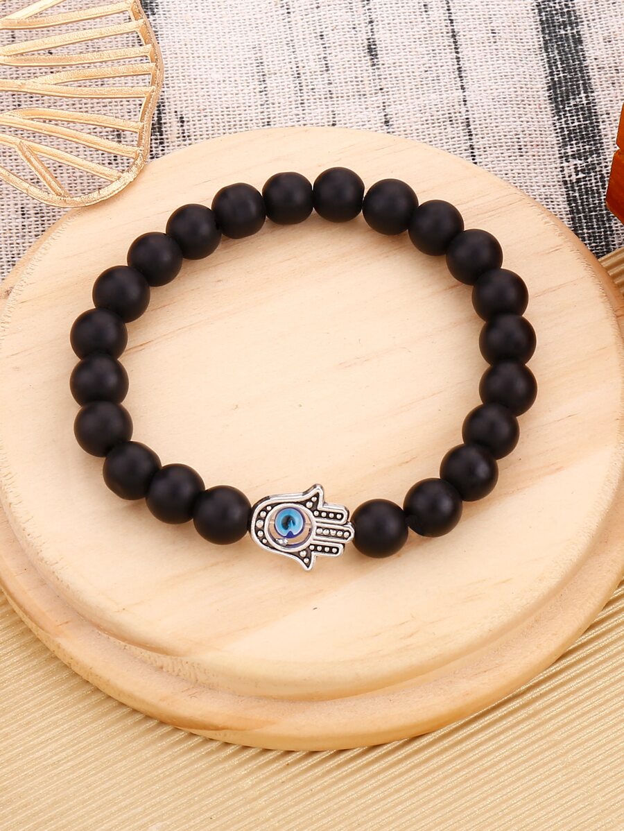 邪惡之眼細節法蒂瑪之手細節串珠手鏈 - 黑色 - 查看 1