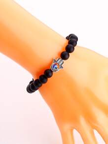 邪惡之眼細節法蒂瑪之手細節串珠手鏈 - 黑色 - 查看 4