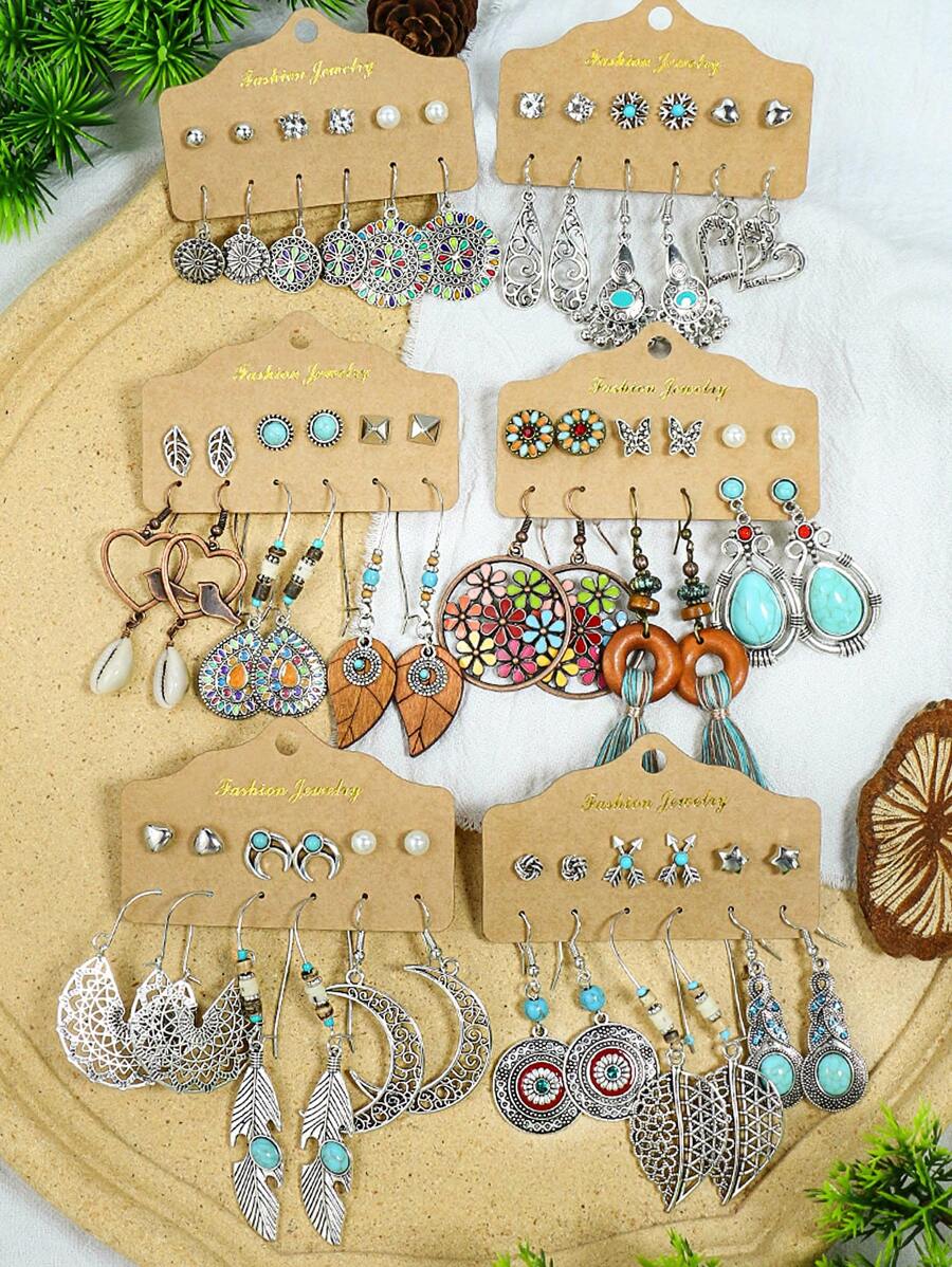 36 Cái/bộ Bohemian Hợp Kim Kẽm Mặt Trăng Và Hoa Trang Trí Nữ Hàng Ngày Trang Trí Bông Tai - Nhiều màu - Xem 1