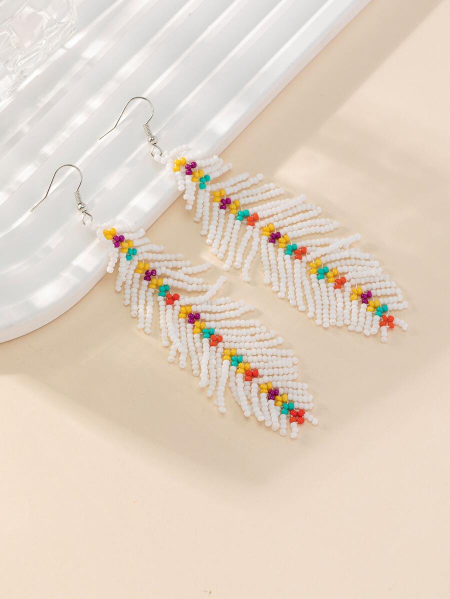 Bead Tassel Drop Earrings - Multicolor - View 1