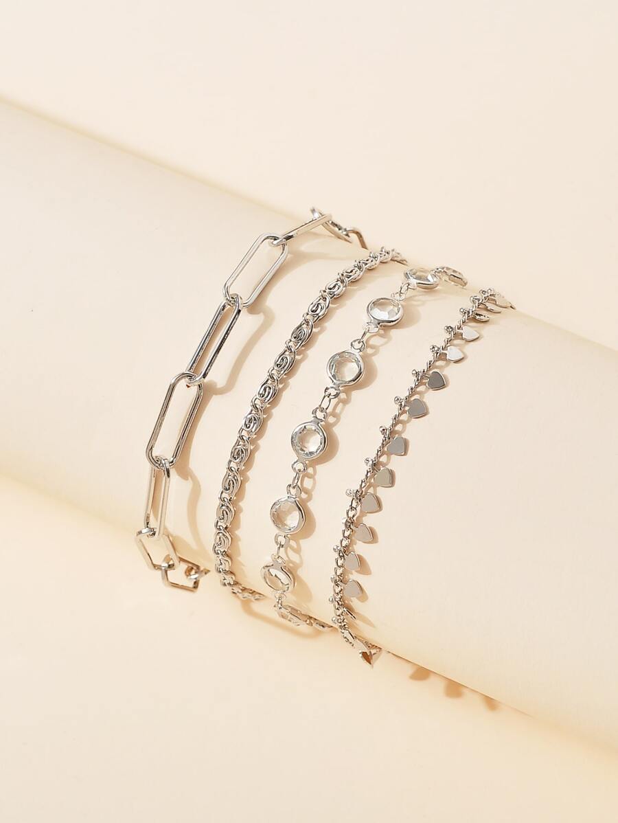 4pcs Simple & Versatile Crystal Heart Shaped Bracelets Set (Random Number Of Beads) - Silver - View 1