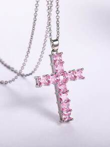 Cubic Zirconia Cross Charm Necklace - Pink - View 2