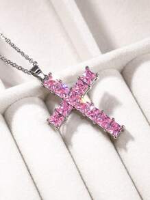 Cubic Zirconia Cross Charm Necklace - Pink - View 3