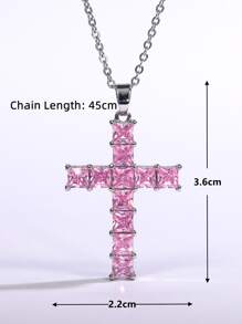 Cubic Zirconia Cross Charm Necklace - Pink - View 4