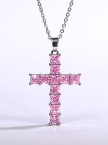 Cubic Zirconia Cross Charm Necklace - Pink - View 5