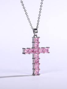 Cubic Zirconia Cross Charm Necklace - Pink - View 6
