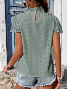 SHEIN Frenchy Contrast Lace Mock Neck Schiffy Tee - Mint Green - View 2