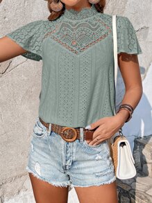 SHEIN Frenchy Contrast Lace Mock Neck Schiffy Tee - Mint Green - View 3