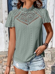 SHEIN Frenchy Contrast Lace Mock Neck Schiffy Tee - Mint Green - View 5