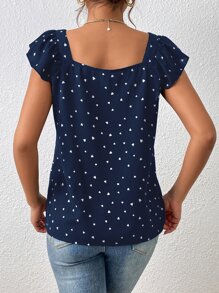 SHEIN Frenchy 短袖V领蕾丝边心形印花宽松优雅荷叶边下摆衬衫 - 藏蓝色 - 查看 4