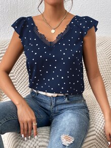 SHEIN Frenchy 短袖V领蕾丝边心形印花宽松优雅荷叶边下摆衬衫 - 藏蓝色 - 查看 5