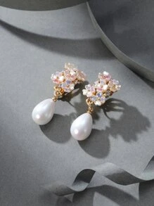 1對鄉村風格甜美優雅假珍珠和花朵夾式耳環,適合節日、生日、約會、派對、婚禮、假日、購物和日常通勤 - 白色 - 查看 5