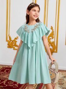 SHEIN Chicas Vestido aplique floral ribete con fruncido - Azul menta - Ver 1