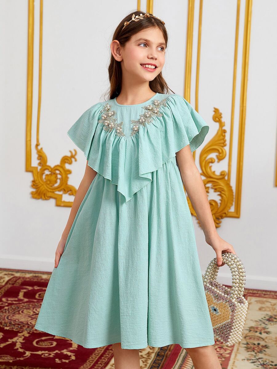 SHEIN Chicas Vestido aplique floral ribete con fruncido - Azul menta - Ver 1