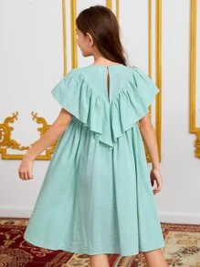 SHEIN Chicas Vestido aplique floral ribete con fruncido - Azul menta - Ver 2