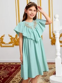 SHEIN Chicas Vestido aplique floral ribete con fruncido - Azul menta - Ver 3