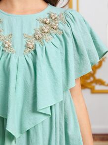 SHEIN Chicas Vestido aplique floral ribete con fruncido - Azul menta - Ver 5