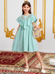 SHEIN Chicas Vestido aplique floral ribete con fruncido - Azul menta - Ver 6