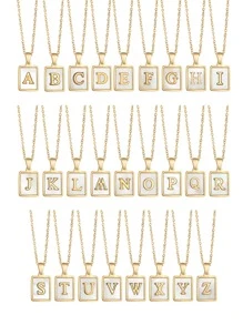 1入組字母細節矩形吊墜項鏈 - 金黃色 - 查看 1