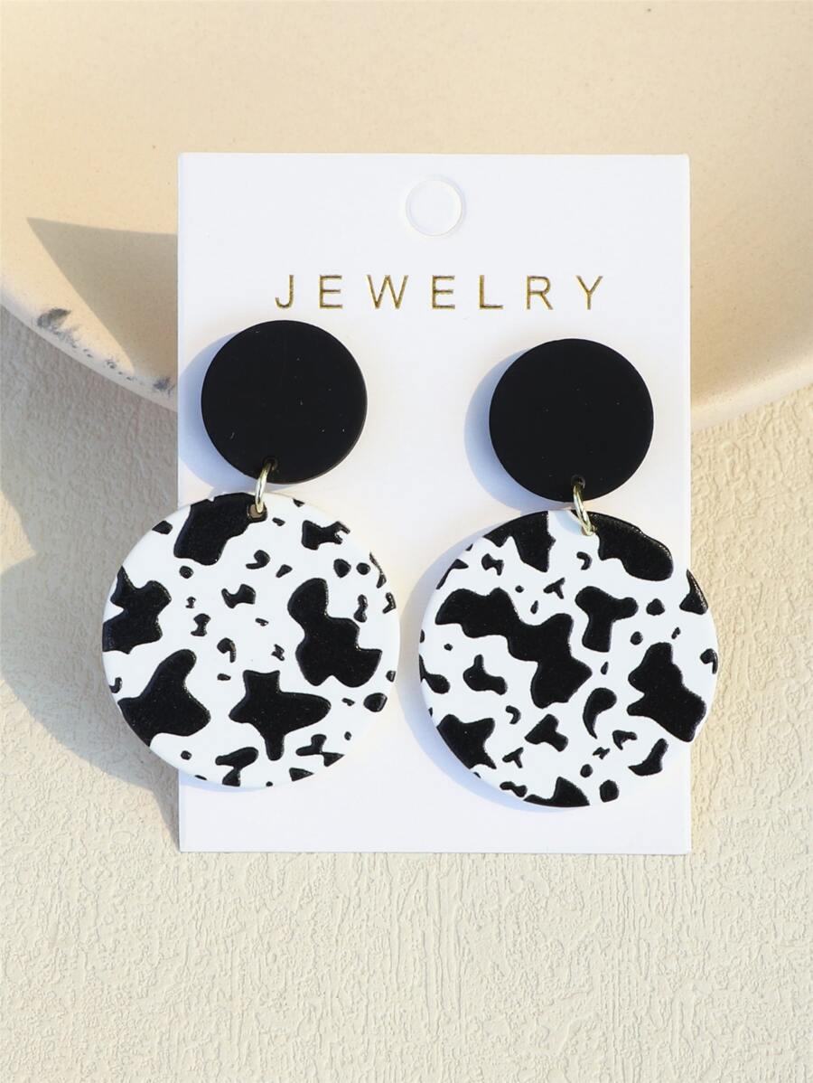 奶牛圖案圓形耳墜 - 彩色 - 查看 1