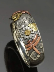 Anillo de decoración de flores y libélulas de moda y popular para hombres, material de aleación de estilo Punk Hip Pop para regalo de joyería y para un aspecto elegante - Multicolor - Ver 1