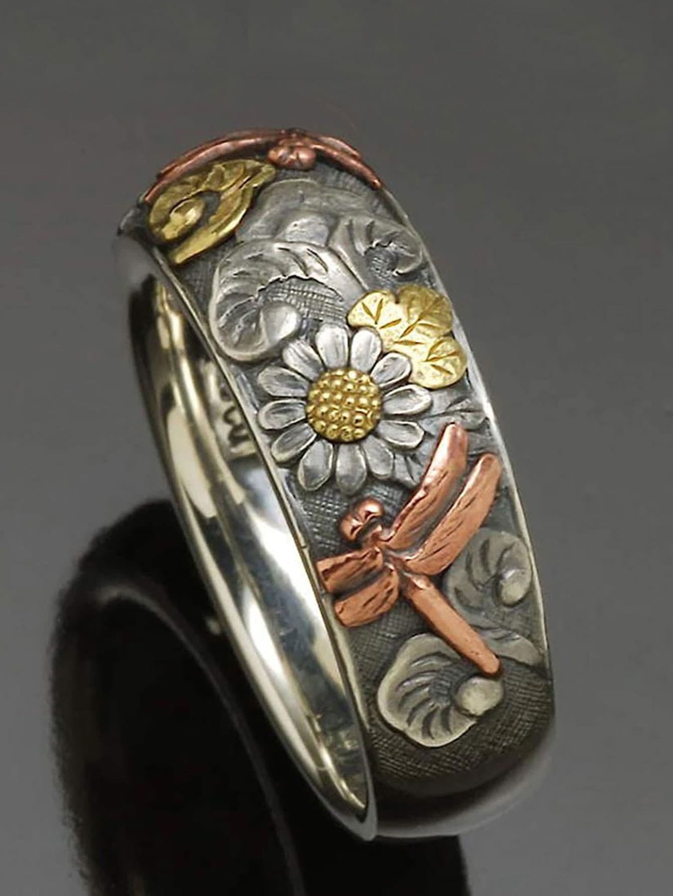 Anillo de decoración de flores y libélulas de moda y popular para hombres, material de aleación de estilo Punk Hip Pop para regalo de joyería y para un aspecto elegante - Multicolor - Ver 1