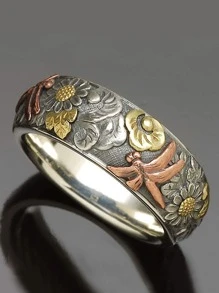 Anillo de decoración de flores y libélulas de moda y popular para hombres, material de aleación de estilo Punk Hip Pop para regalo de joyería y para un aspecto elegante - Multicolor - Ver 2