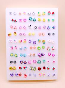 50 对/套随机颜色水果和花朵设计耳钉情人节 - 彩色 - 查看 1