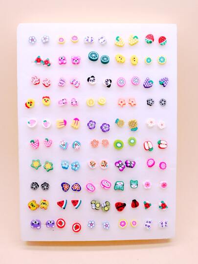 50 对/套随机颜色水果和花朵设计耳钉情人节