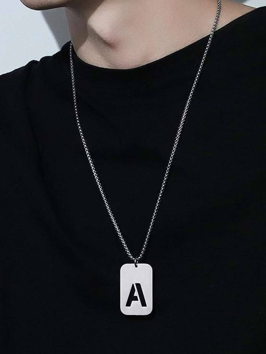 Thép Không Gỉ Thời Trang Chữ Chi Tiết Hình Học Mặt Dây Chuyền Vòng Cổ Nam Cho Trang Trí Hàng Ngày - Bạc - Xem 1