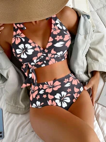 SHEIN Swim Summer Beach Floral Print Bikini Set Knot Shoulder Surplice Tank Bra & High Waisted Bottom 2 Piece Bathing Suit High Waisted Bathing Suit - Multicolor - View 1